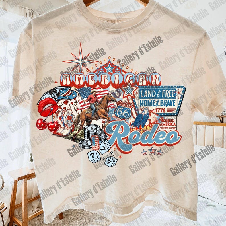 American Rodeo Western Collage PNG, Retro 4th of July Cowboy Casino Shirt Design image 2