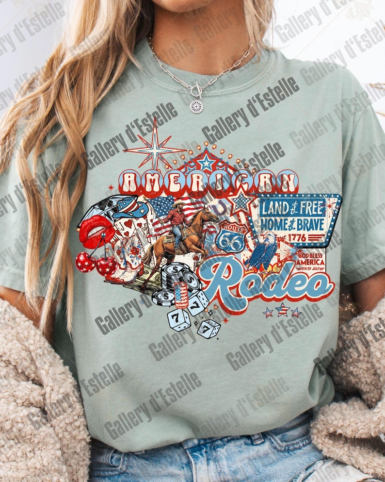 American Rodeo Western Collage PNG, Retro 4th of July Cowboy Casino Shirt Design image 4