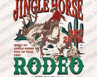 Puede incluir: Gráfico de estilo vintage que muestra a un vaquero montando un caballo decorado con luces navideñas. El texto dice "Jingle Horse Rodeo" con "Dec 25th" y "Giddy Up". El diseño utiliza tonos marrones, rojos y verdes.