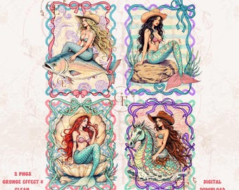 Sirena vaquera coqueta PNG, gráfico de chica costera preppy, diseño de camisa veraniega moderna del oeste