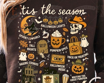 Tis The Season Western PNG, Retro Cowboy Skeleton Pumpkin Collage, Spooky Witch Cowgirl Haunted Motel Art, Trendy Country Fall Shirt Design
