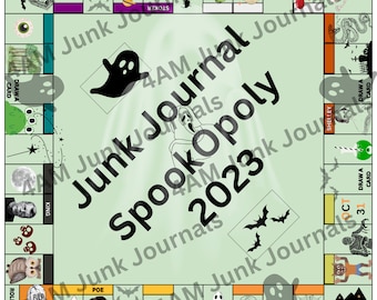 Digital Printable Junk Journal Spookopoly Game Board - Halloween Art Prompt Fun! Digital Download, fun for the spooky season or any time!