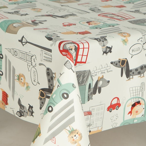 PVC TableCloth Comic Dachshaund London Pets Plastic Vinyl Table Cloth Children Designs Wipe Clean