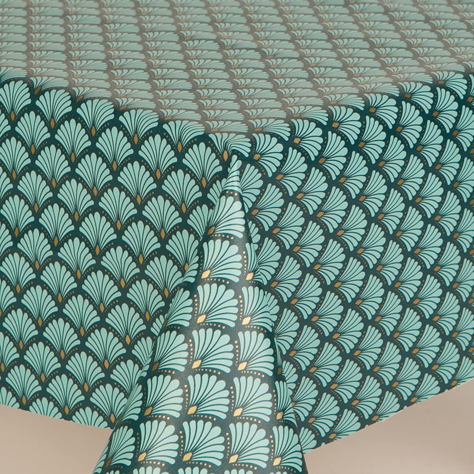 PVC Tablecloths Shades Of Green Floral Swirls Geo Teal Green Etsy
