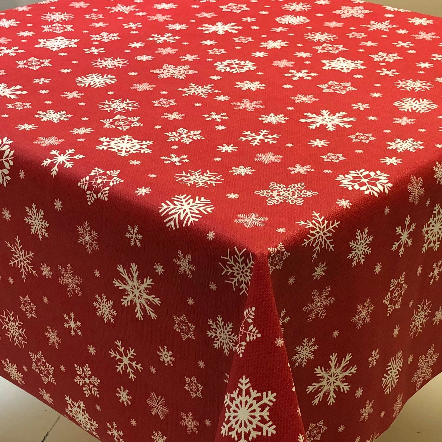 PVC Christmas Tablecloth Red Snowflakes Shimmer Vinyl Table Etsy UK
