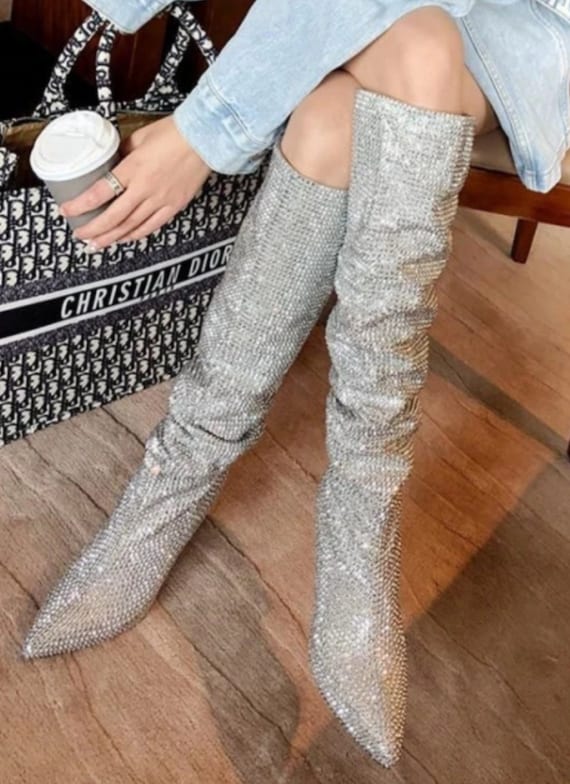 Silver high heel outlet boots