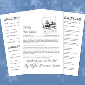 May include: Three white sheets of paper with handwritten text. The first sheet is labelled "GUESTBOO" and includes fill-in-the-blank sections. The second sheet has a photo of a building and the text "To the new owner". The third sheet has the title "SCRIPTIONS".
