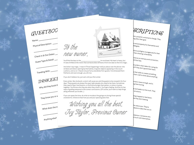May include: Three white sheets of paper with handwritten text. The first sheet is labelled "GUESTBOO" and includes fill-in-the-blank sections. The second sheet has a photo of a building and the text "To the new owner". The third sheet has the title "SCRIPTIONS".