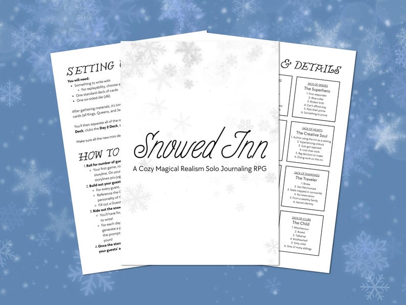 May include: Three white sheets of paper with text and snowflake designs. The title "Snowed Inn" is in the centre, with "A Cozy Magical Realism Solo Journaling RPG" below it. The sheets contain instructions and details.