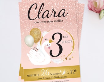 Girl's birthday invitation - Swan - Children's invitation card - Princess birthday invitation card - Premium paper