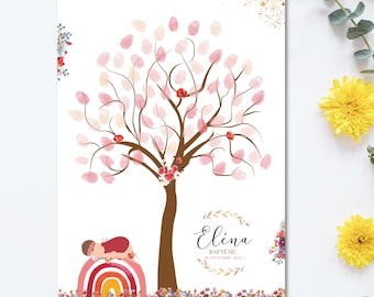 Fingerprint tree for baptism, birthday, baby shower with a rustic rainbow theme