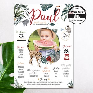 Póster personalizado de cumpleaños de niño de la selva tropical. Bienvenidos a la selva con sus animales y follaje. Cartel fabricado en Francia.
