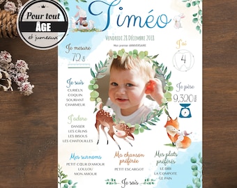 Affiche anniversaire garçon renard - Affiche premier anniversaire personnalisée - thème Forêt - 1 an de bébé