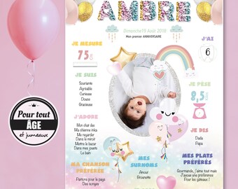 Affiche anniversaire 1 an fille personnalisée arc-en-ciel, nuage et ballons