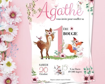 Invitation anniversaire pour fille au thème de la forêt avec sa biche, renard et ses doux lapins. Une faire part d'anniversaire poétique.