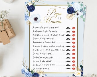 Lot of baby shower game cards, dad or mom games, elegant blue flowers and gold theme