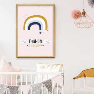 Affiche de naissance personnalisée à encadrer pour chambre d'enfant au thème arc-en-ciel. Une affiche idéale en cadeau de naissance.