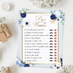 Lot de cartons de jeux baby shower, jeux papa ou maman, thème élégant bleu fleurs et or