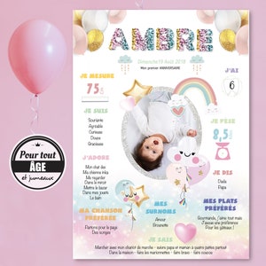 Poster personalizzato per il compleanno di una bambina di 1 anno con arcobaleno, nuvola e palloncini