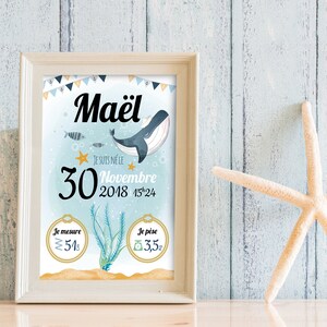 Cartel de nacimiento de ballena para decorar la habitación del bebé. Un mundo de pequeños marineros para ofrecer como regalo de nacimiento para el bebé!