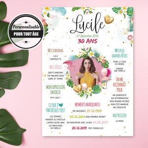 Póster personalizado de cumpleaños para adultos con temática de fiesta tropical, flamenco rosa.