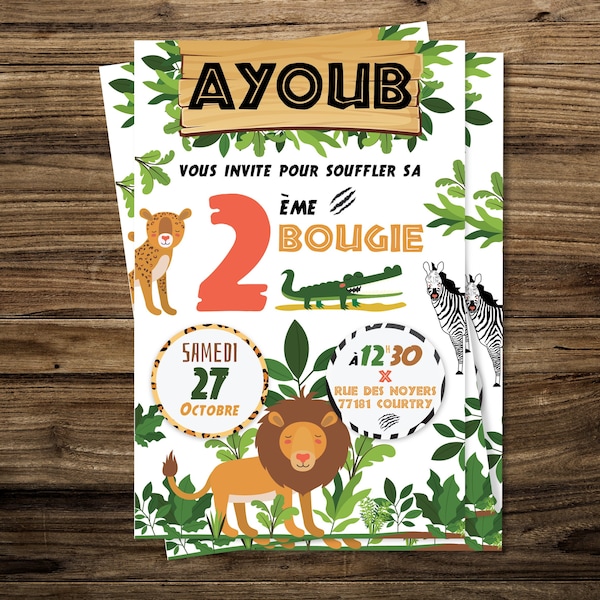 Invitation anniversaire Savane - Invitation anniversaire garçon  - Carte Invitation anniversaire Lion, zèbre, crocodile - invitation safari