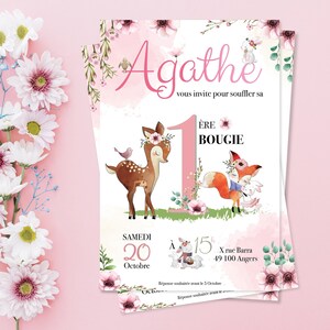 Invitation anniversaire pour fille au thème de la forêt avec sa biche, renard et ses doux lapins. Une faire part d'anniversaire poétique.