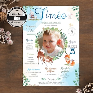 Affiche anniversaire garçon renard - Affiche premier anniversaire personnalisée - thème Forêt - 1 an de bébé