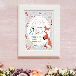 Affiche naissance renard pour fille - Cadeau naissance personnalisé - Affiche renard - Décoration chambre enfant  - Affiche naissance fille