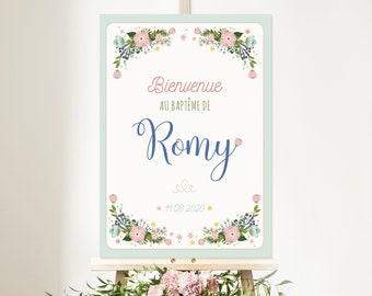 Poster welcome baptism girl, country flowers.