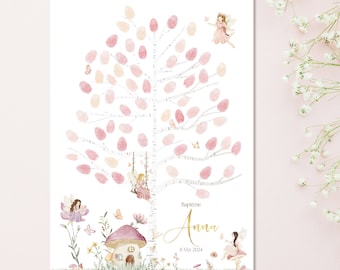 Árbol estampado para baby shower, bautizo o cumpleaños. Mariposas y hadas en un universo forestal encantado.