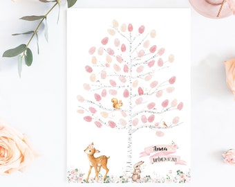 Árbol de huellas para bautizo, cumpleaños, baby shower con temática forestal, cierva pastel