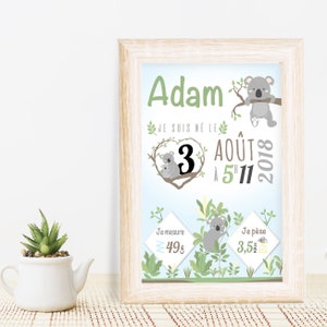 Affiche bébé - Affiche naissance - Cadeau bébé - Décoration chambre bébé - Affiche naissance garçon - Cadeau naissance - thème koala