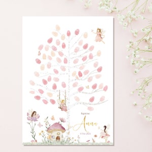 Árbol estampado para baby shower, bautizo o cumpleaños. Mariposas y hadas en un universo forestal encantado.