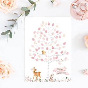 Fußabdruckbaum für Taufe, Geburtstag, Babyparty mit Waldmotiv, pastellfarbenes Reh