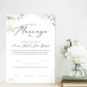 Certificat de mariage, union personnalisé, thème eucalyptus. Cadeau témoin original.