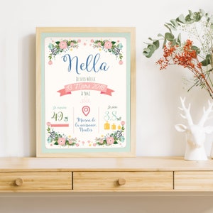 Cadeau naissance personnalisé avec une affiche fleurie, rétro - Omade