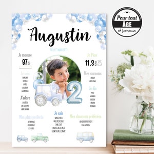 Póster de cumpleaños infantil personalizado con temática de vehículos, maquinaria y tractor en tonos pastel
