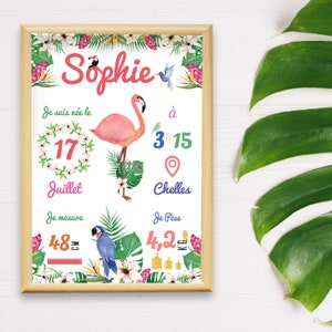 Affiche naissance bébé fille - Thème tropical, flamant rose - Omade