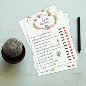 Baby Shower - Lot de cartes de Jeux baby shower, jeux papa ou maman, thème cactus