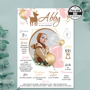 Personalisiertes Geburtstagsplakat für ein Mädchen mit dem Thema Hirsch, Wald und Luftballons – 1 Jahr Baby