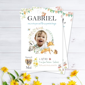 Invitation anniversaire enfant au thème forêt avec son renard et ses amis à l'aquarelle.