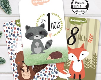 Carte étape bébé, cadeau naissance bébé, renard et animaux de la forêt