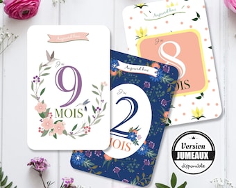 Carte étape bébé - Cartes étapes - Première année de bébé - thème fleurs - impression  papier haut de gamme
