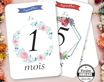 Carte étape bébé Rose et fleurs pour la première année de bébé - Cadeau de naissance  - Cartes bébé fille
