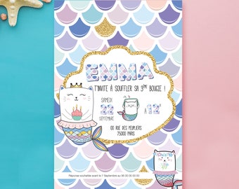 Invitation personnalisée avec ses chats sirènes trop drôles pour votre petite fille ! Un thème original qui va en épater plus d'une !