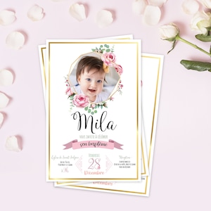 Faire part baptême, cartons d'invitation Baptême de votre enfant, bébé - Thème Princesse - fleurs - impression professionnelle