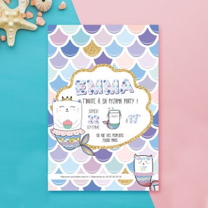 Cartons invitation pour soirée pyjama de votre fille - invitation pyjama party - thème Chat Sirène - impression professionnelle