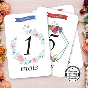 Carte étape bébé Rose et fleurs pour la première année de bébé - Cadeau de naissance  - Cartes bébé fille