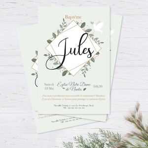 Invitation baptême garçon pour votre enfant doux et élégant avec ses feuilles vertes et sa colombe. Un faire part baptême tout en finesse.